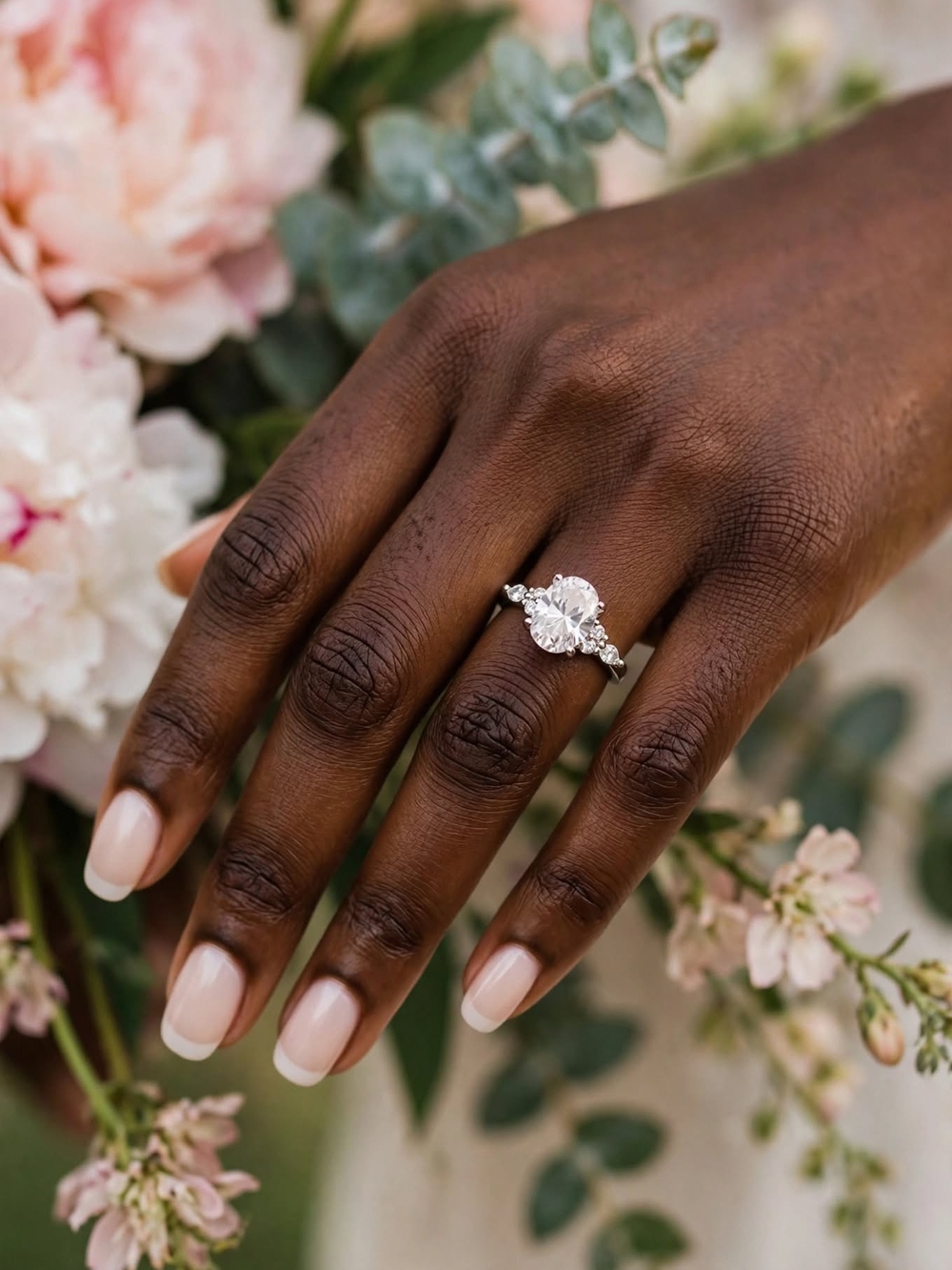 Classic Round-Cut Silver Engagement Ring with Side Stones - White